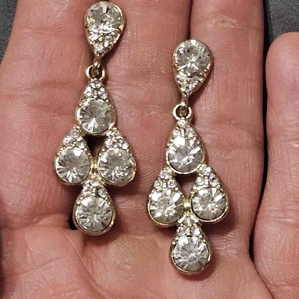 Gold Tone Crystal Teradrop Chandelier Earrings
